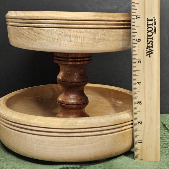 Vtg Turned Wood 2 Tier Tray Round Handmade Table Decor Serving 2 Tones Etagere - Picture 10 of 12